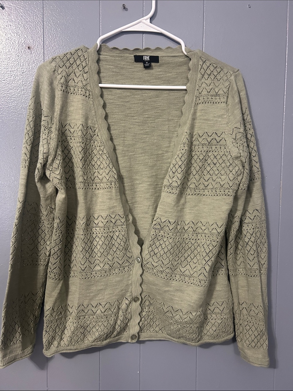 Frye Sage Open-Knit Scalloped-Edge Button Cardigan